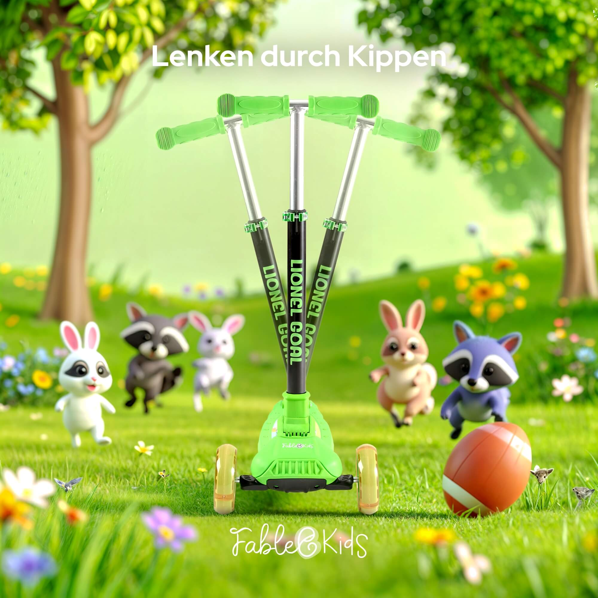 Grüner Roller mit drei Rädern, umgeben von Zeichentricktieren und einem American Football auf einer Wiese.