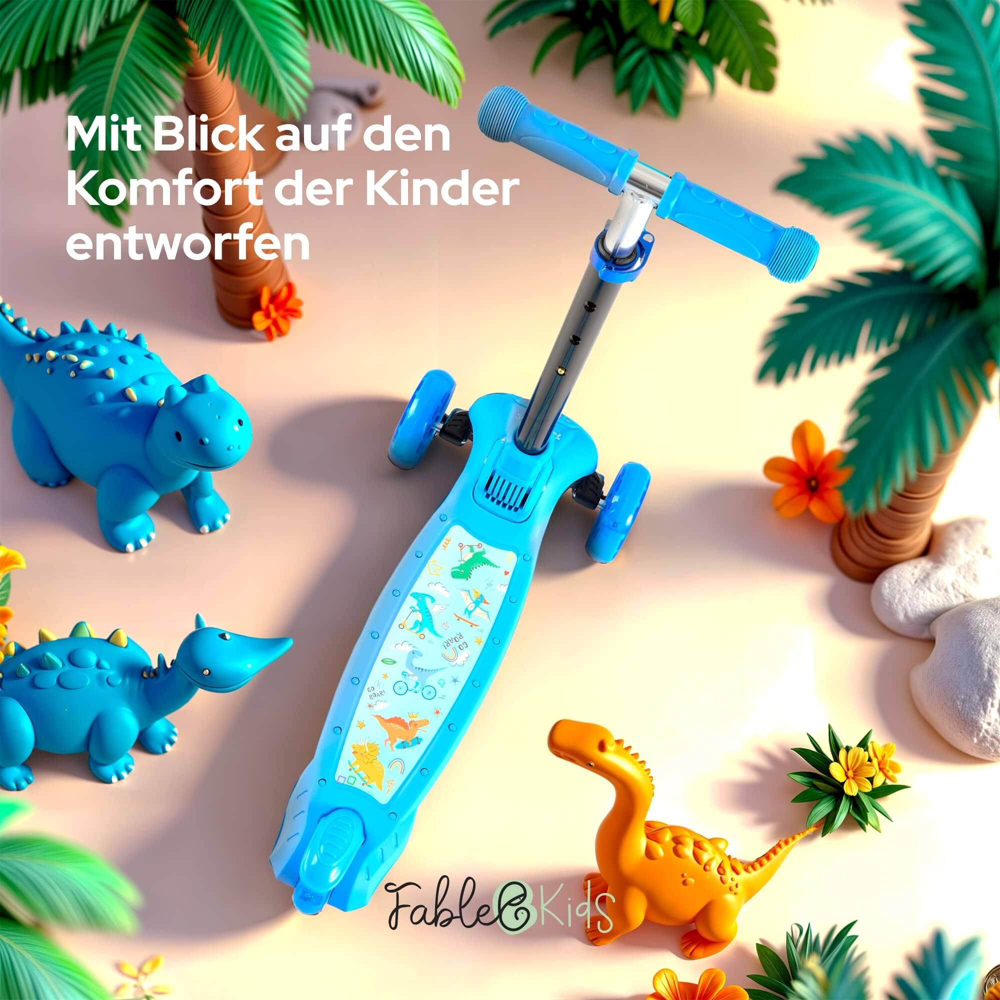 Ein blauer Roller mit Dinosaurier-Illustrationen. Blaue und orangefarbene Spielzeugdinosaurier umgeben ihn, zusammen mit Palmen.