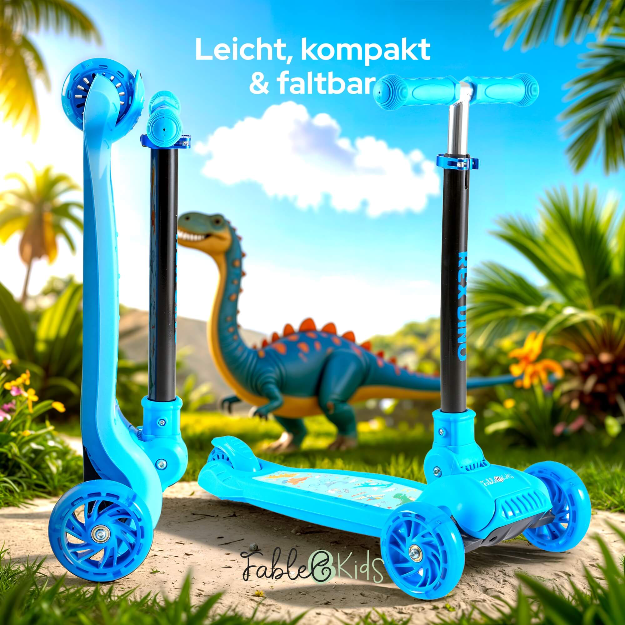 Zwei blaue Roller mit Dinosaurier-Hintergrund. Die Roller stehen auf Gras mit Palmen. Der Text lautet 'Leicht, kompakt & faltbar'.