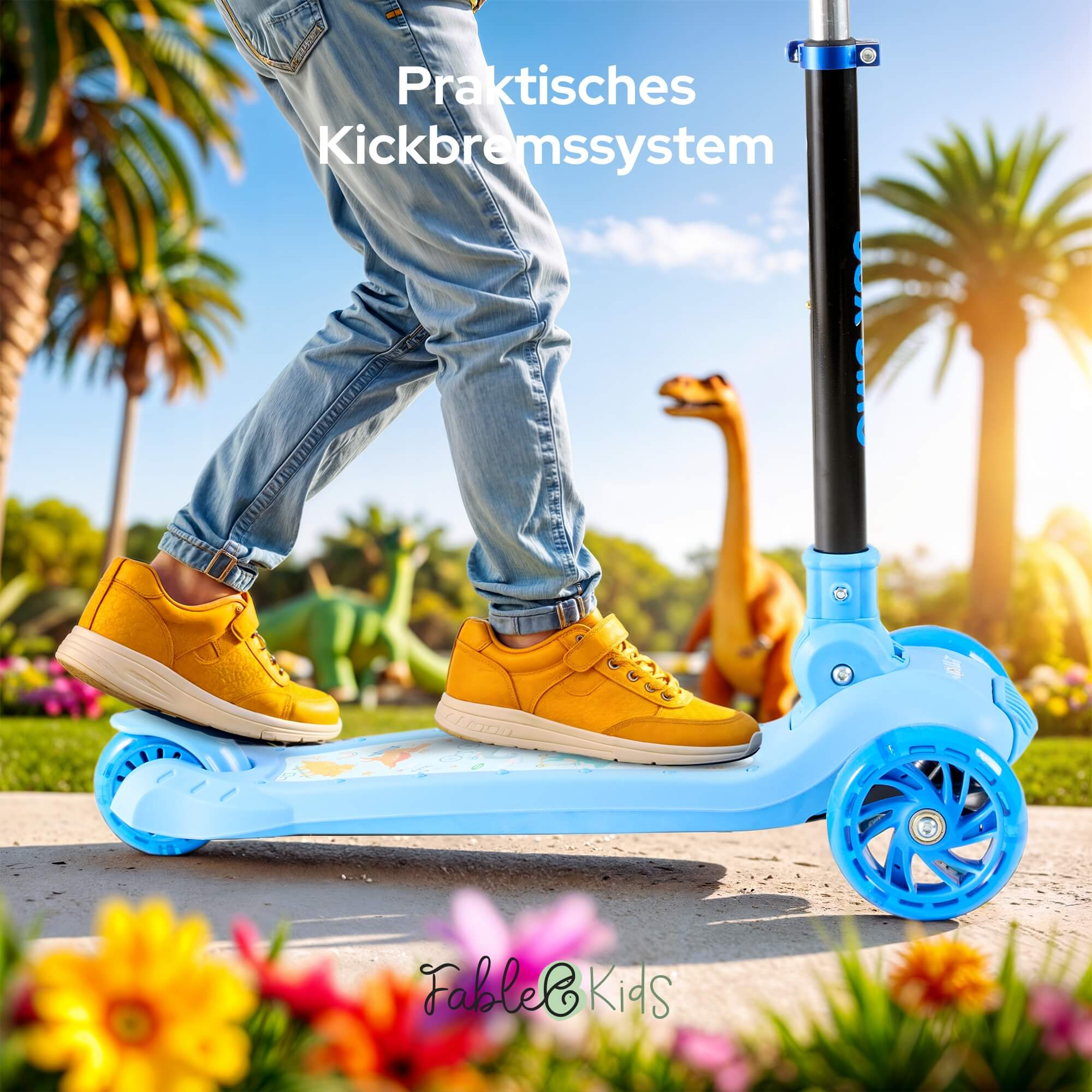 Ein Kind auf einem blauen Roller mit gelben Schuhen. Im Hintergrund Dinosaurier, Palmen und Blumen.