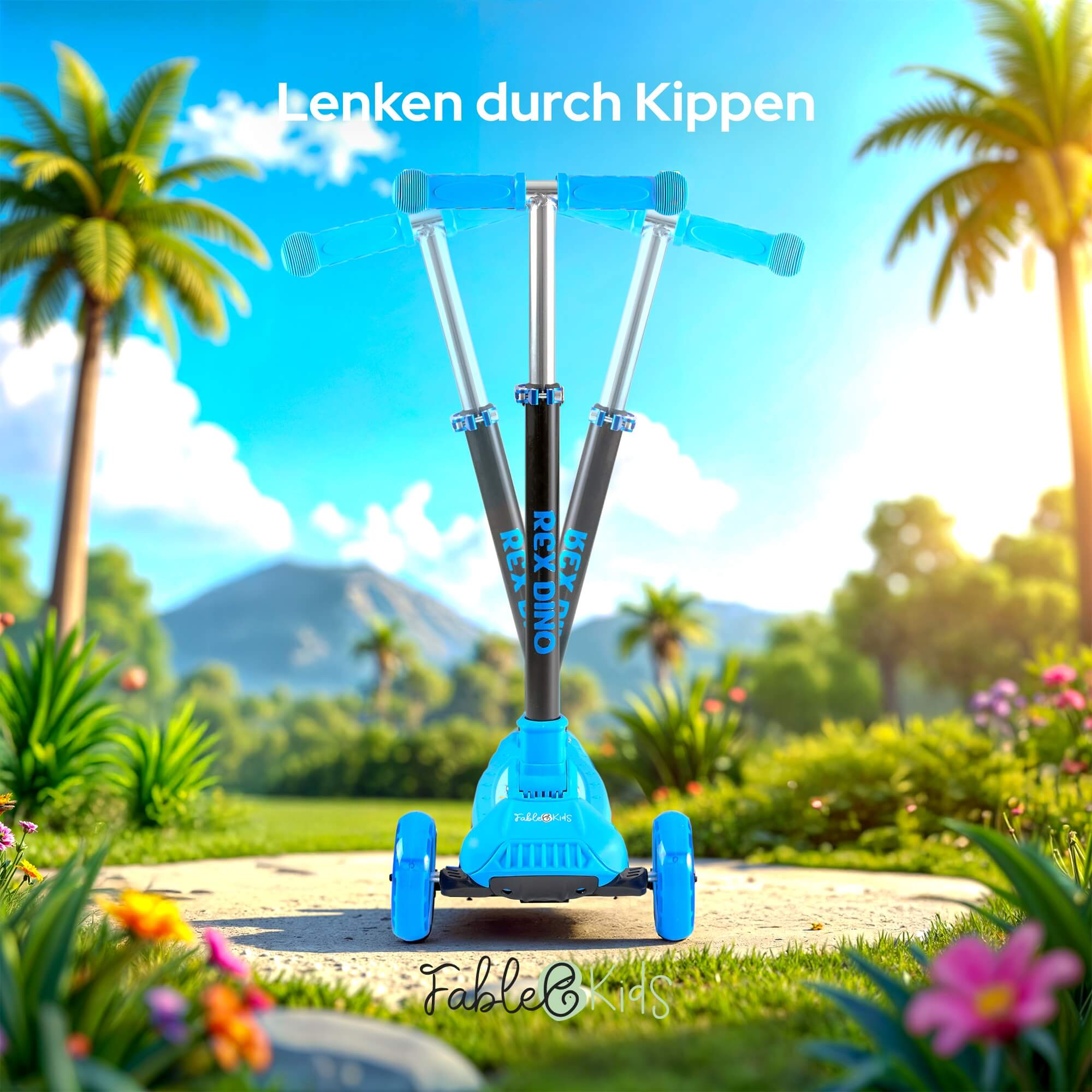 Blauer Roller mit drei Rädern auf einem sonnigen Weg. Palmen und Berge im Hintergrund, mit Blumen im Vordergrund.