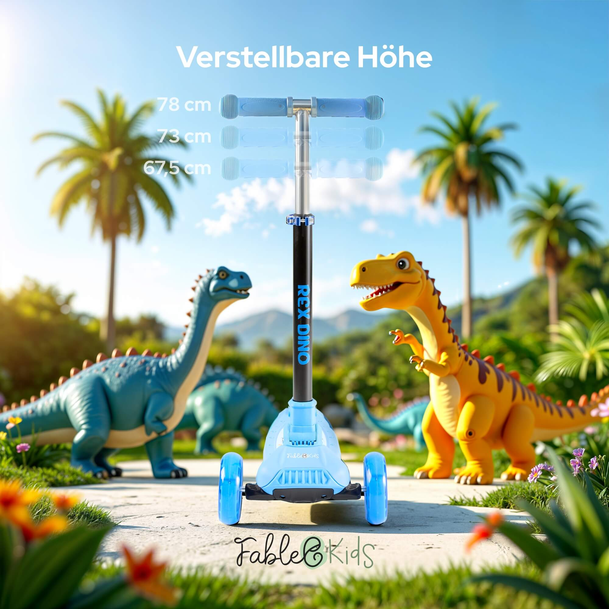 Ein blauer Roller mit Dinosaurierfiguren. Er hat einstellbare Höheneinstellungen. Der Hintergrund zeigt Palmen und einen hellblauen Himmel.