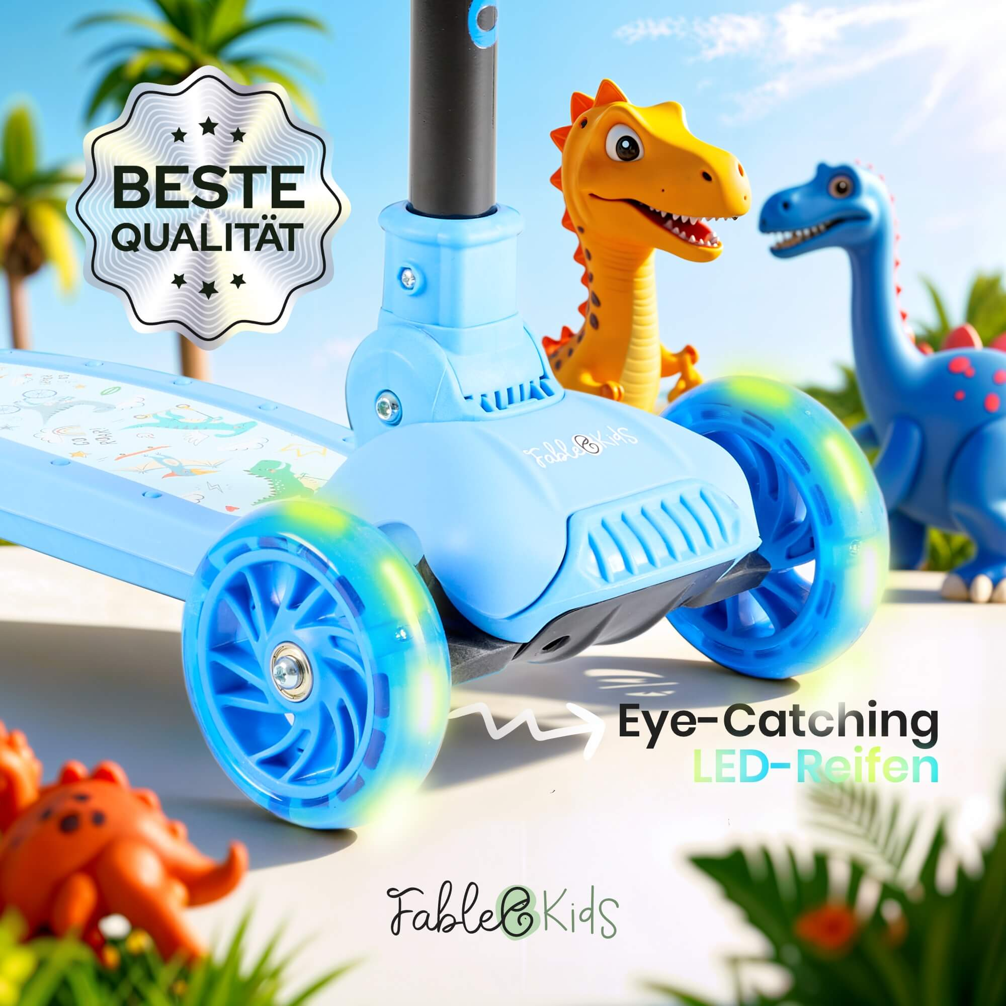 Ein blauer Roller mit LED-Rädern, Spielzeugdinosauriern und dem Schild 'BESTE QUALITÄT'. Palmen im Hintergrund, blauer Himmel.