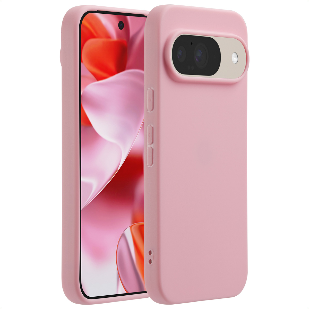 Une coque de téléphone rose avec un téléphone à l'intérieur. L'écran du téléphone affiche une image floue et la coque a des découpes pour l'appareil photo et des boutons.