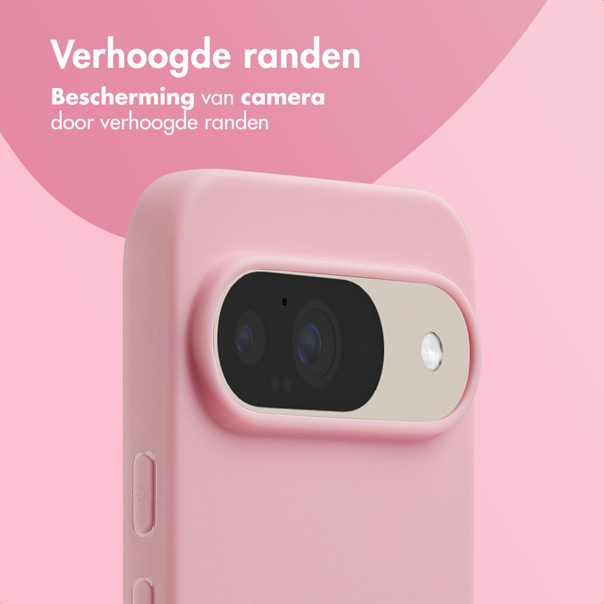 Un étui de téléphone rose avec des bords surélevés protège l'appareil photo. Le texte en haut dit 'Bords surélevés'. Le fond est également rose.