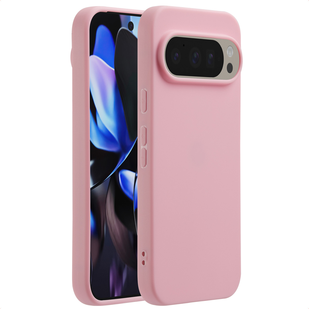 Coque de téléphone rose avec un téléphone à l'intérieur. Le téléphone a un écran noir avec un motif floral. La coque a des découpes pour l'appareil photo et des boutons.