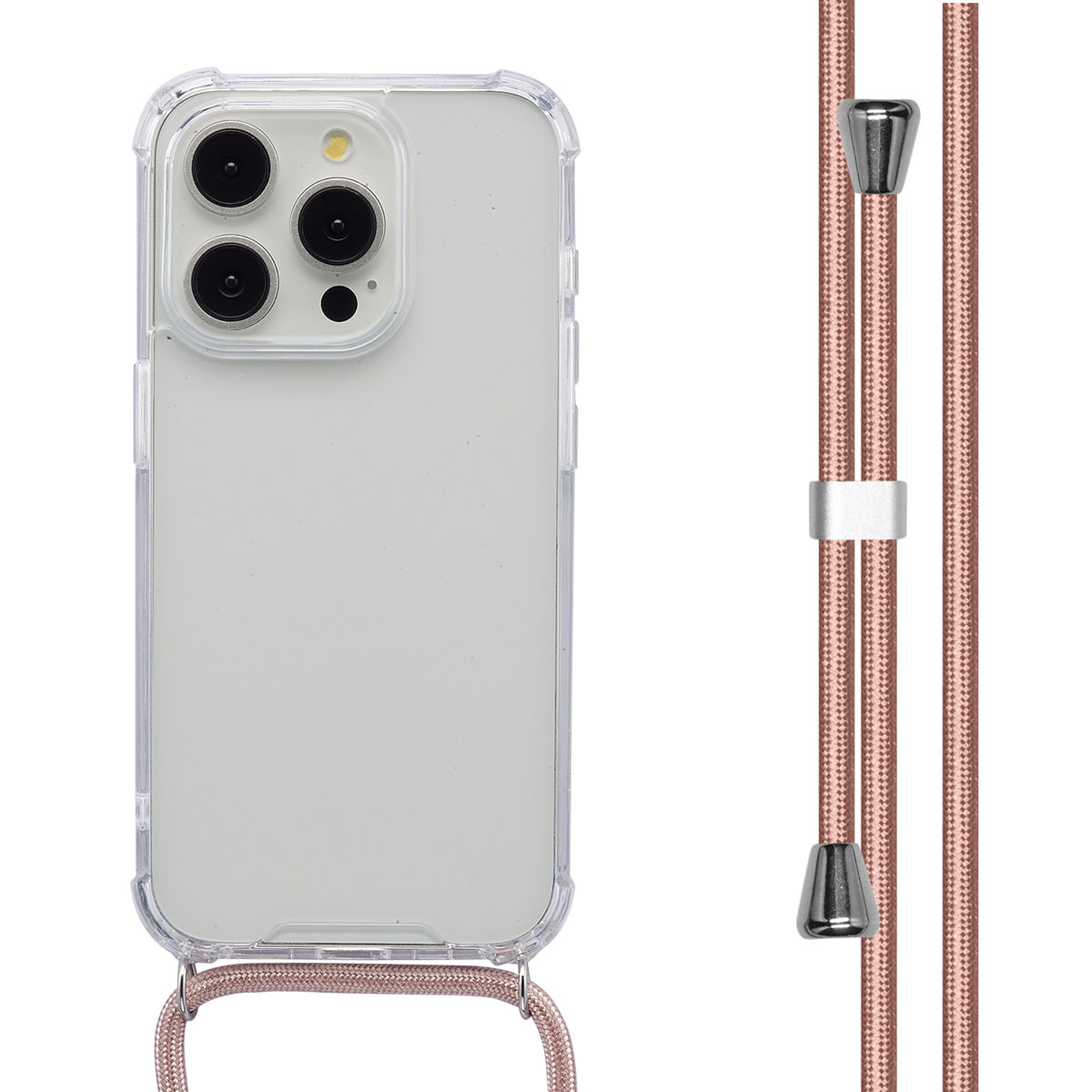 Een telefoon in een doorzichtige hoes met een roze band. De band heeft metalen uiteinden en een metalen schuif. De achtergrond is wit.