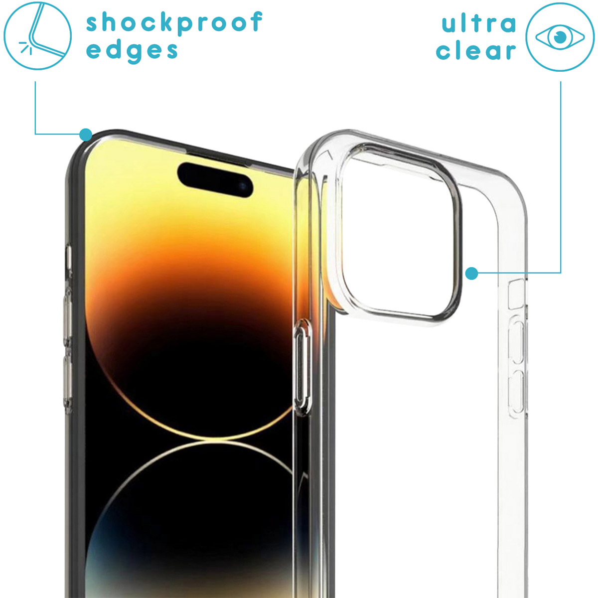 Transparante telefoonhoes die een telefoon beschermt. Tekst zegt schokbestendige randen en ultra helder. De telefoon heeft een gele en zwarte verl.
