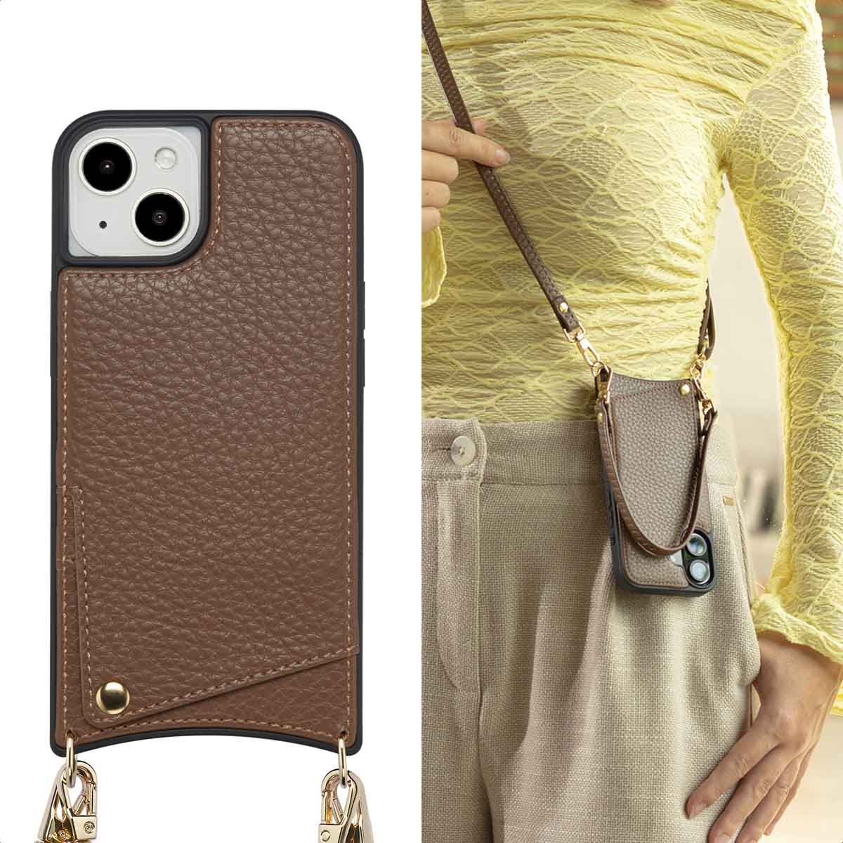 Un étui de téléphone en cuir marron avec une sangle. L'étui de téléphone est autour du cou d'une personne. La personne porte une chemise jaune et un pantalon beige.