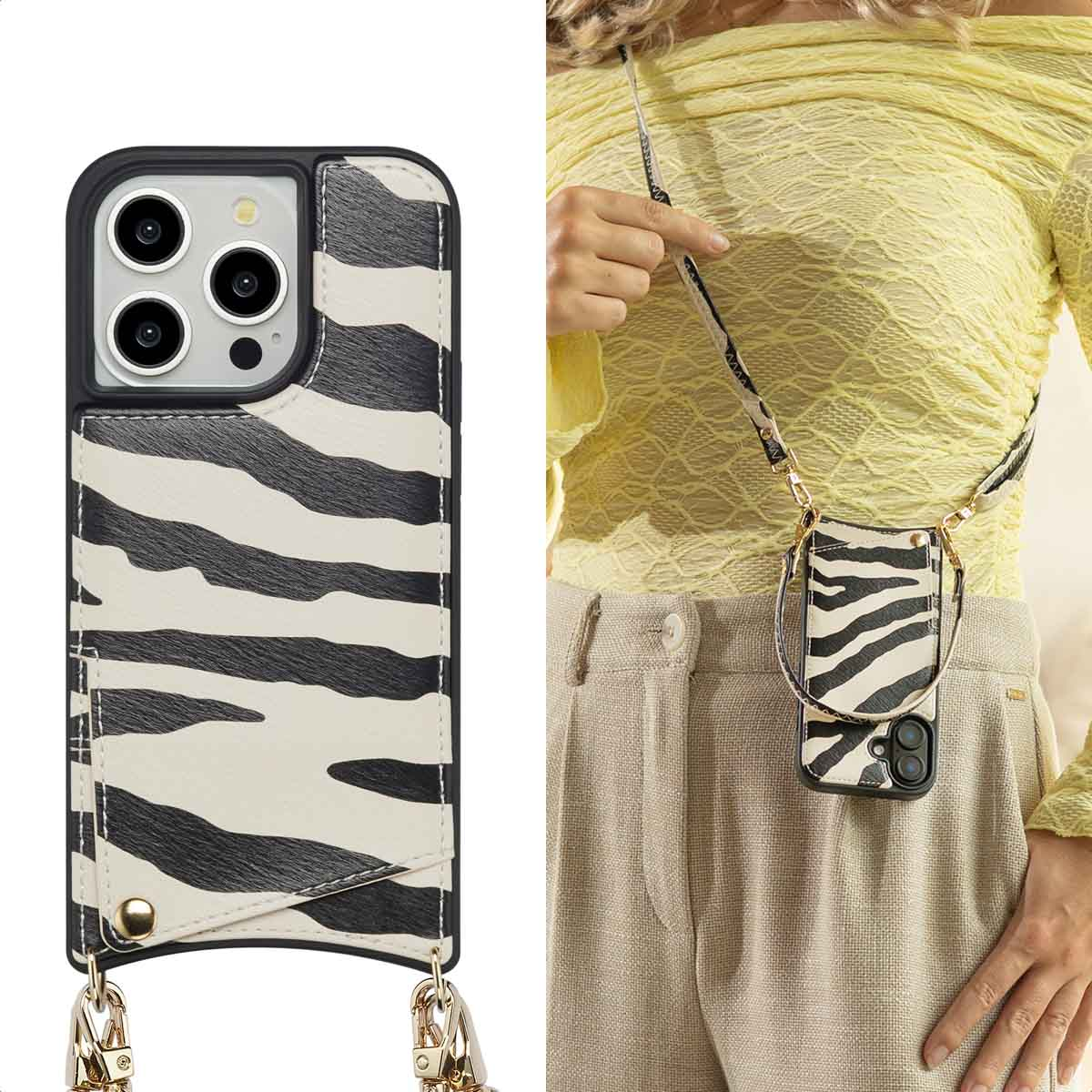 Een vrouw in een gele top en beige broek, met een telefoonhoesje met zebraprint en een gouden kettingriem.