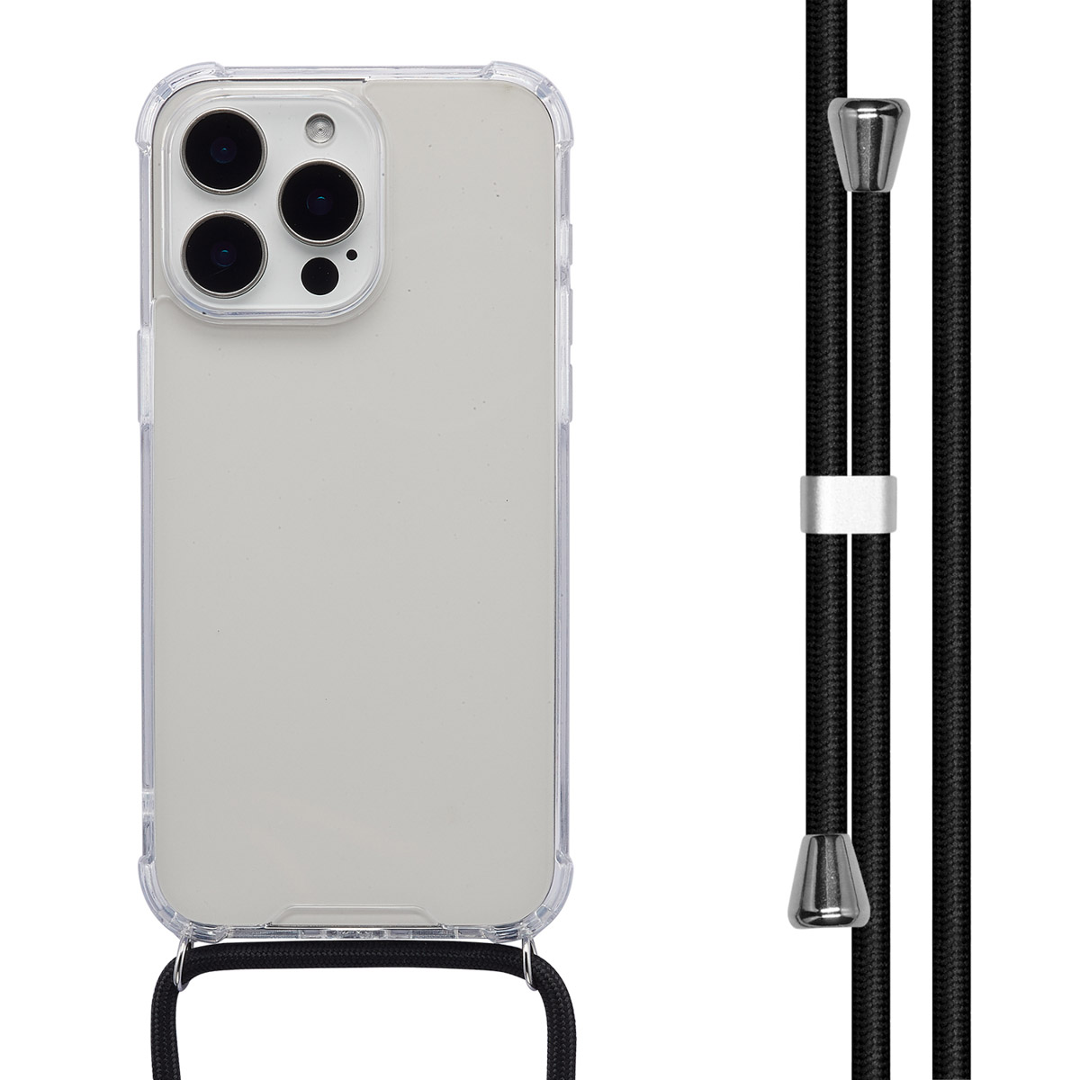 Coque de téléphone avec cordon. Un téléphone est dans une coque transparente avec un cordon noir. 