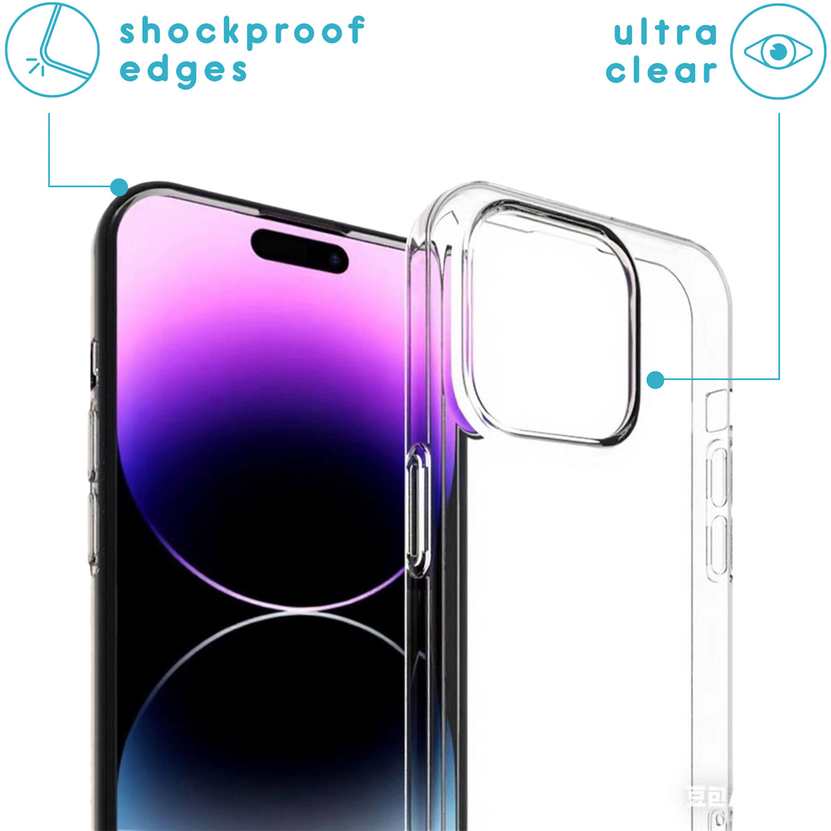 Une coque de téléphone transparente est à côté d'un téléphone. Le téléphone a un écran dégradé violet. Le texte met en évidence les bords antichocs.