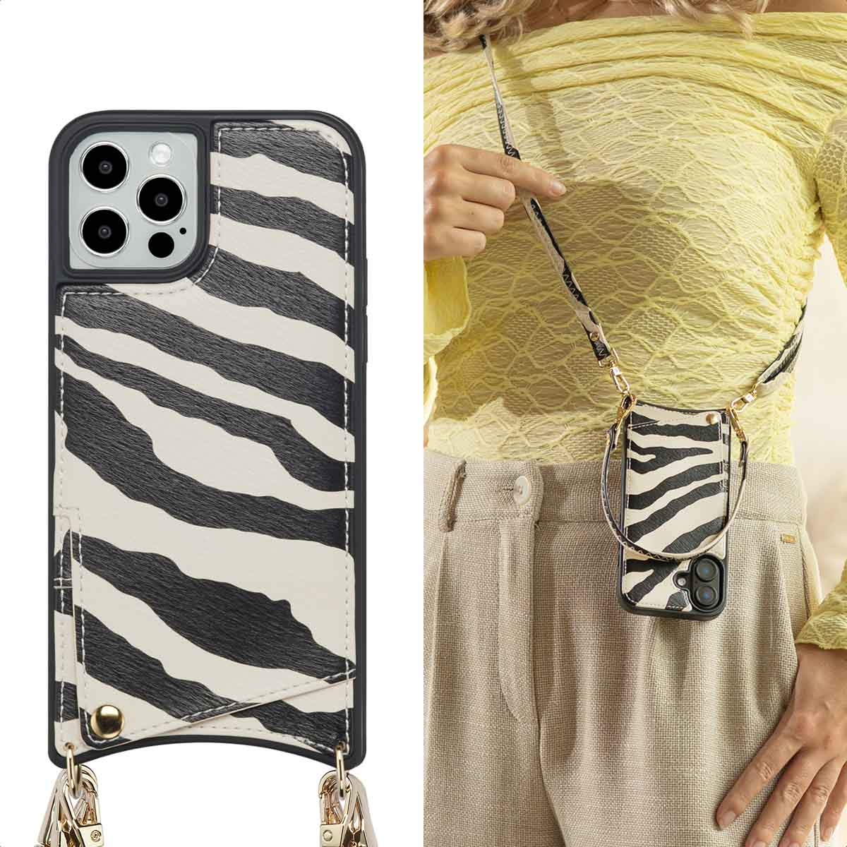 Vrouw houdt een telefoonhoesje met een zebrapatroon vast. De hoes is bevestigd aan een riem om haar nek. Ze draagt een gele top en een beige broek.