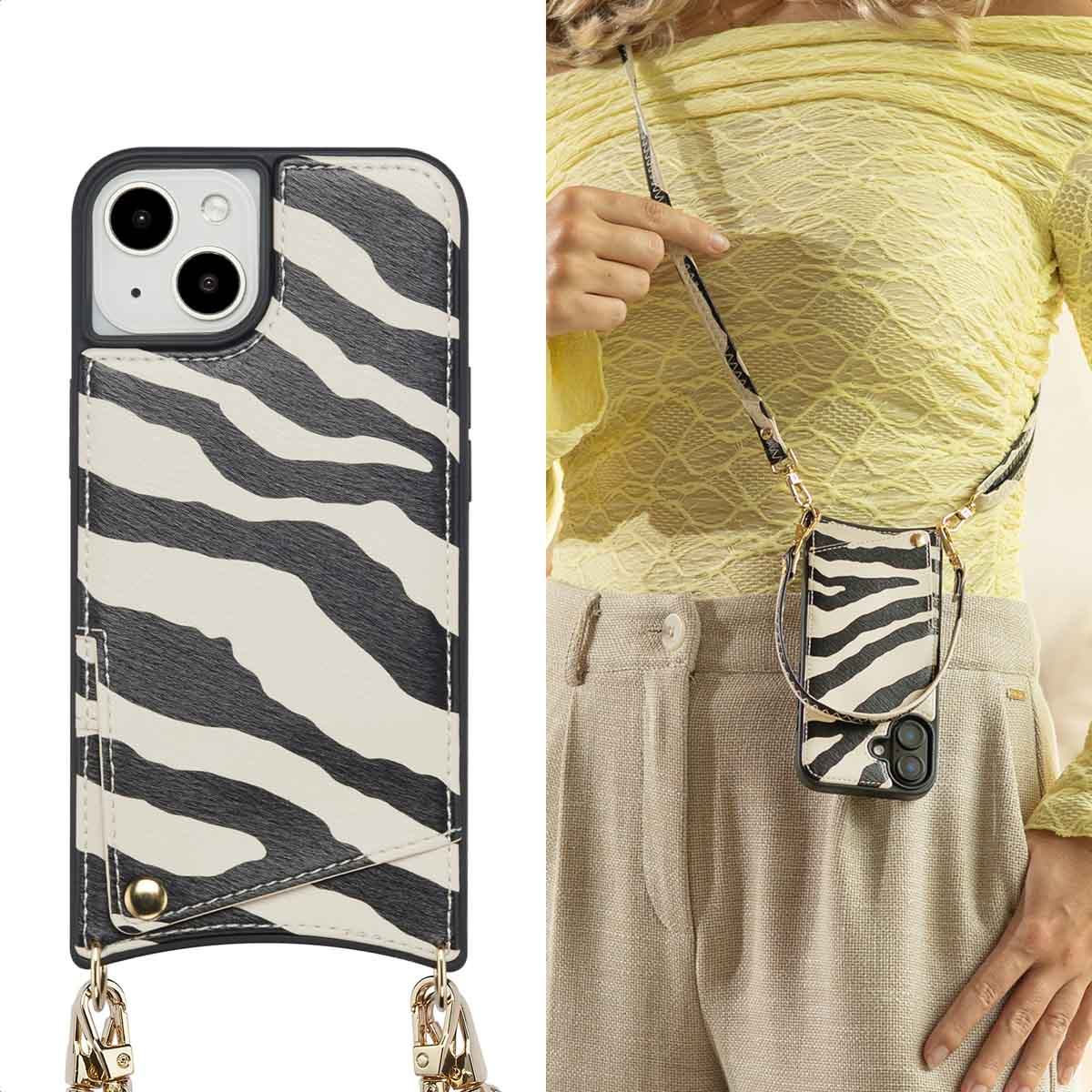 Une coque de téléphone avec un imprimé zébré, et une femme portant une coque de téléphone similaire autour du cou. Elle porte un haut jaune et un pantalon beige.