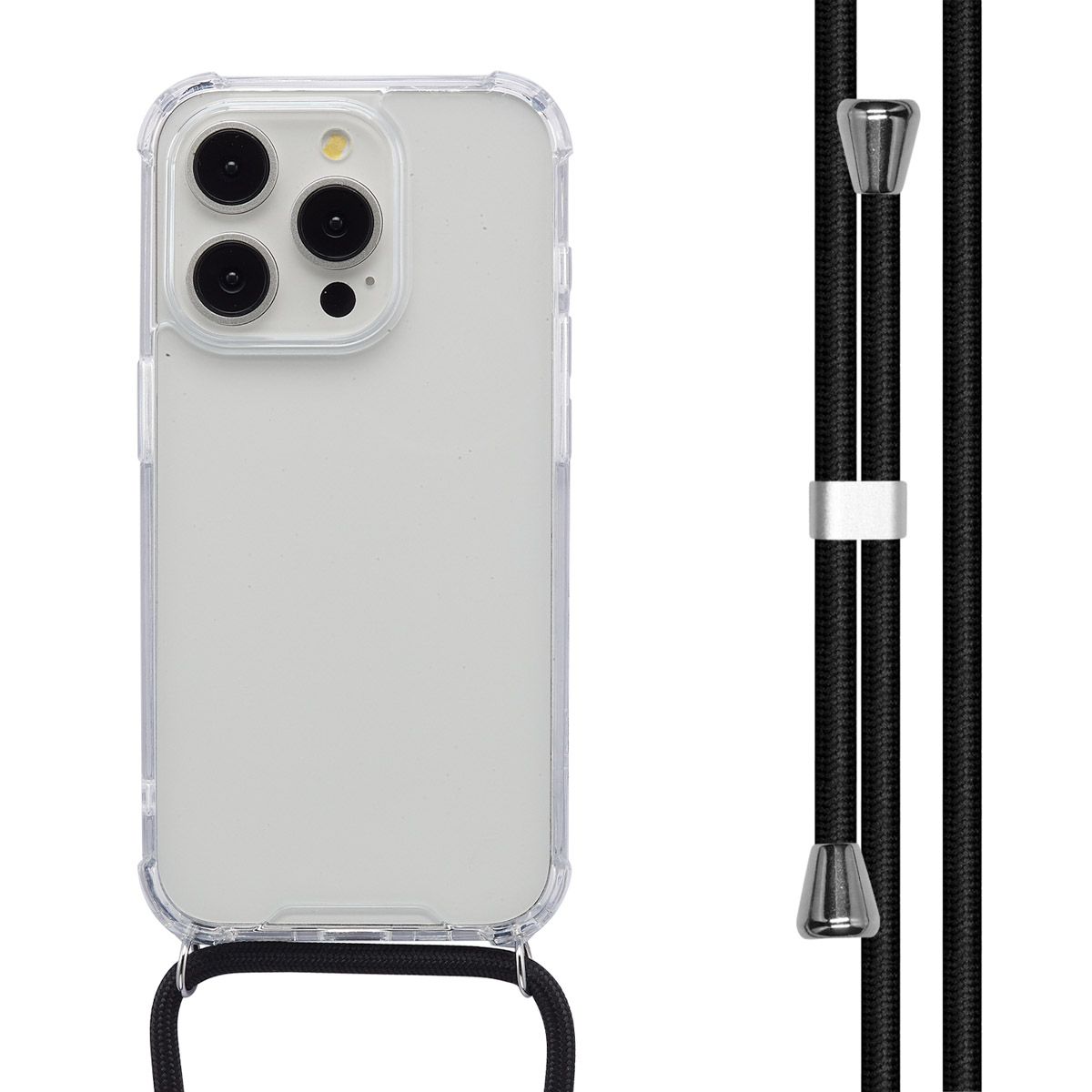 Een iPhone in een doorzichtige hoes met een zwart koord. Het koord heeft zilveren accenten en is bevestigd aan de hoes.