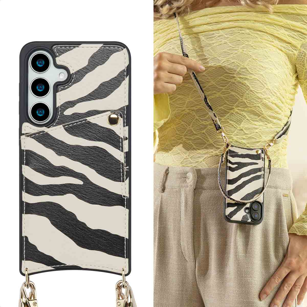 Een vrouw houdt een telefoonhoesje met zebraprint vast. De hoes heeft een riem. De achtergrond toont een gele top en beige broek.