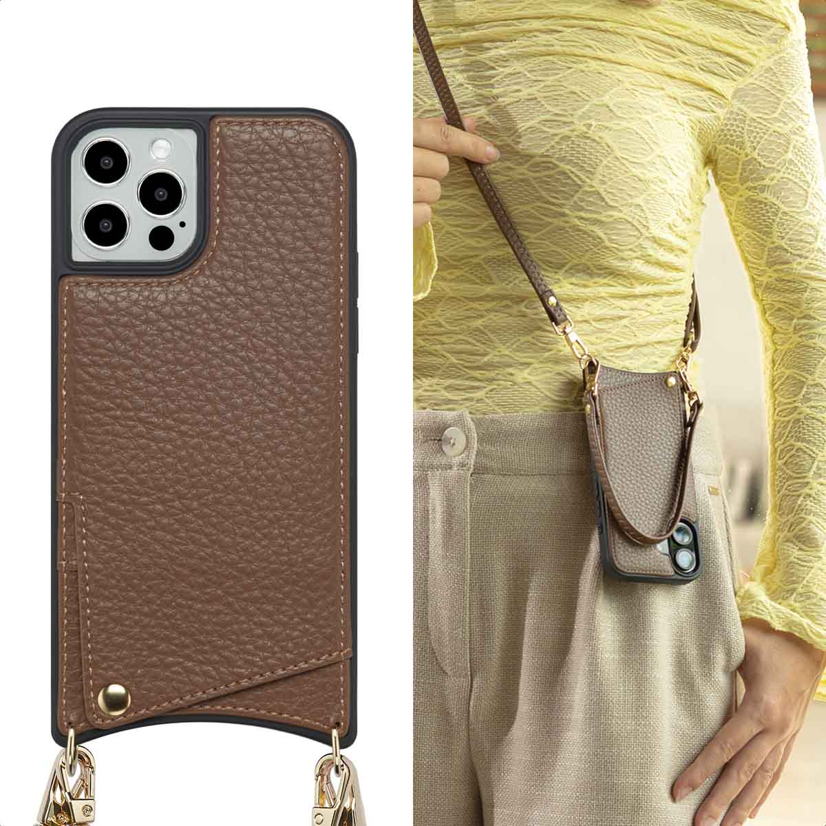 Bruine leren telefoonhoes met een riem. Een persoon draagt de telefoonhoes om zijn nek. De persoon draagt een gele blouse en een beige broek.