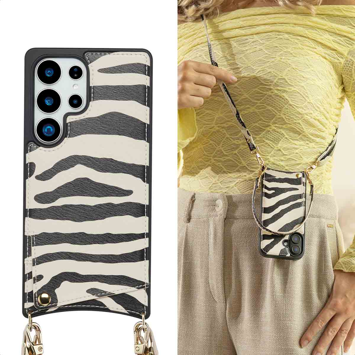 Una donna tiene in mano una custodia per telefono a righe zebrate. La custodia del telefono è attaccata a una cinghia. Indossa un top giallo e pantaloni beige.
