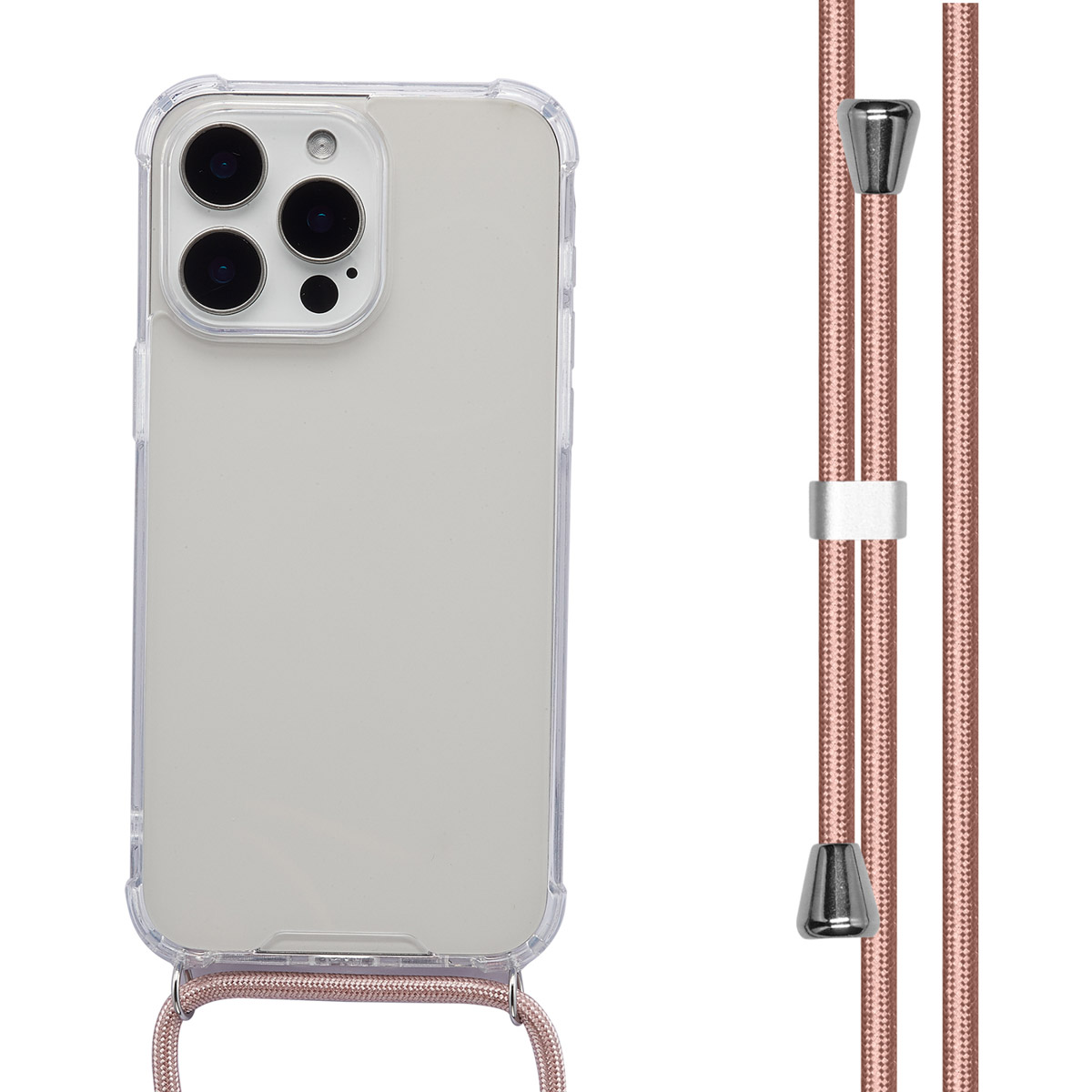 Un smartphone avec une coque transparente et un cordon rose. Le cordon a des éléments métalliques argentés. Le téléphone est gris clair.