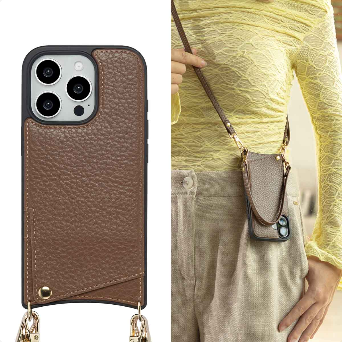 Een bruine leren telefoonhoes met een riem wordt getoond. Een persoon met een gele top en beige broek houdt hem vast. De hoes heeft gouden hardware.