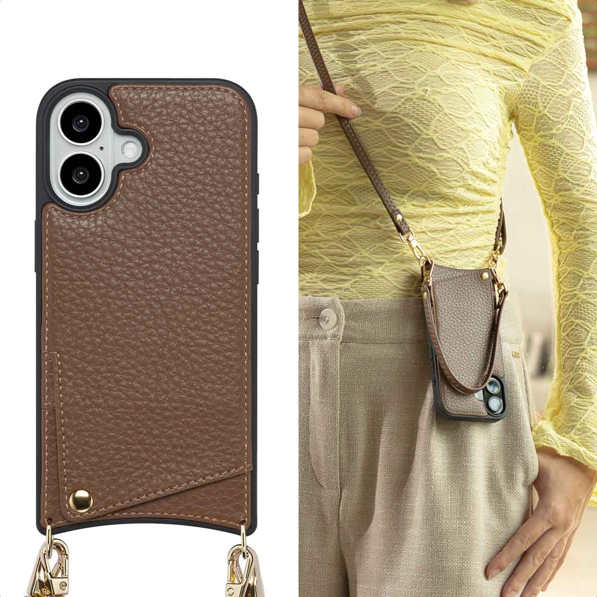 Een vrouw draagt een telefoonhoesje met een bruin lederen bandje. De hoes is bruin en bevestigd aan een gouden ketting. Ze draagt een gele top.