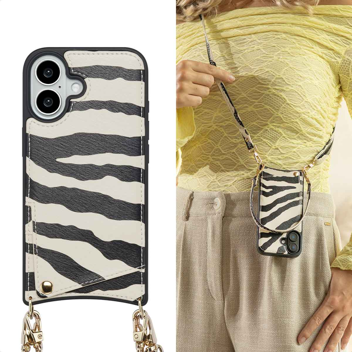 Een vrouw houdt een telefoon vast met een zebra gestreepte hoes. De hoes heeft een riem. Ze draagt een gele blouse en beige broek.