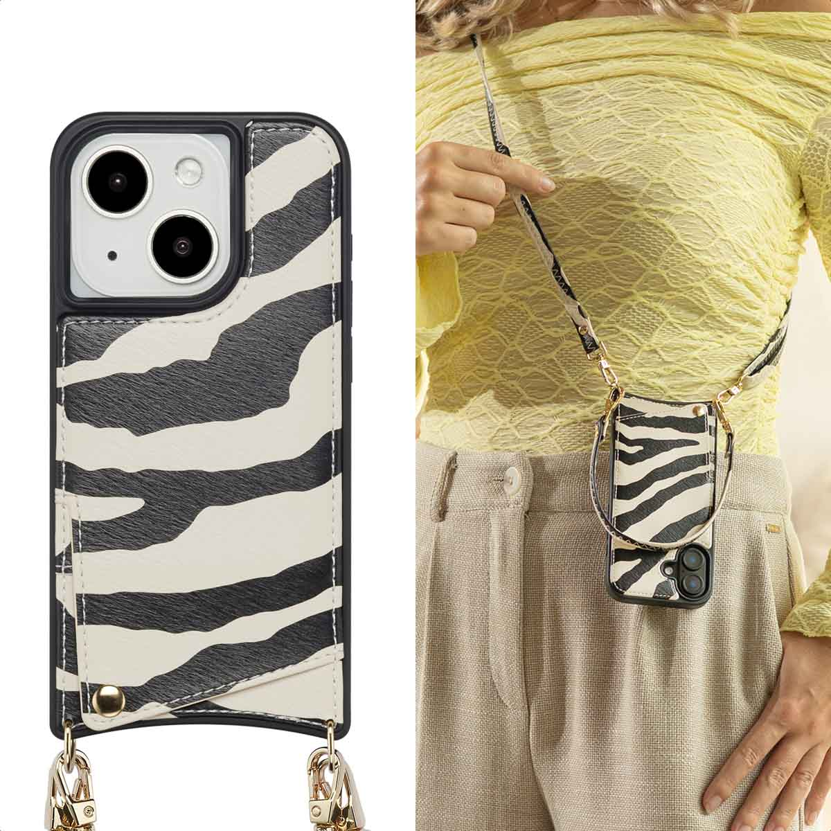 Een vrouw houdt een telefoonhoesje met zebraprint met een riem vast. De hoes zit om haar nek. Ze draagt een gele top en een beige broek.
