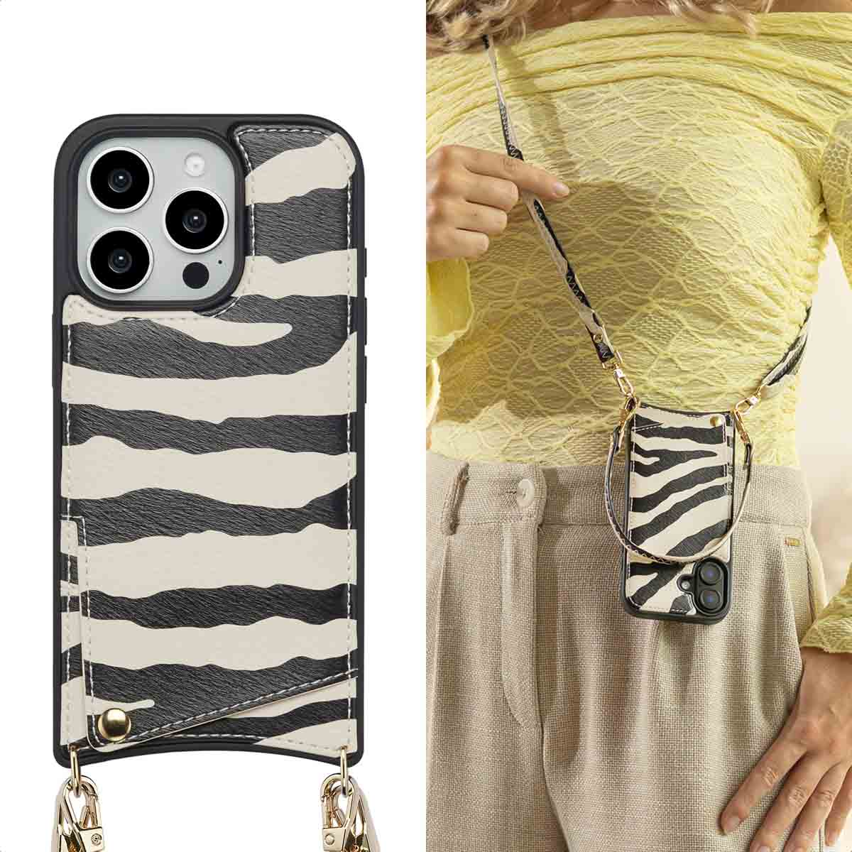 Een vrouw houdt een telefoonhoesje met zebraprint vast. Een tweede vergelijkbare hoes hangt om haar nek. Ze draagt een gele top en een beige broek.