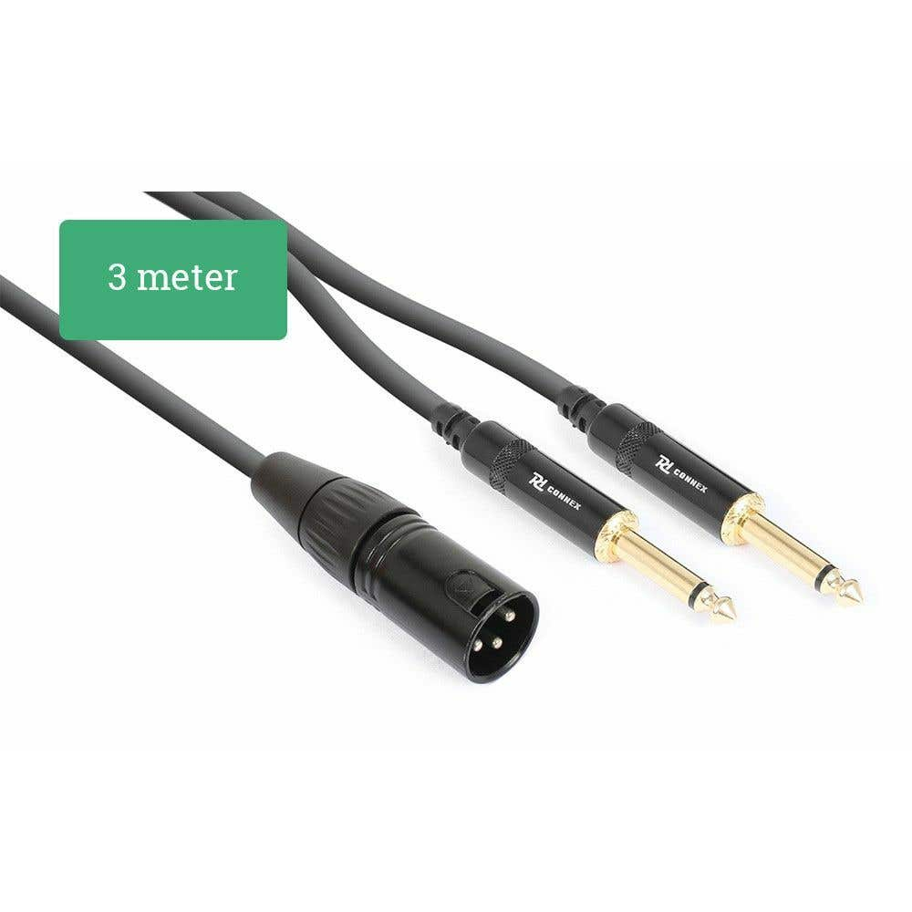 Cables de audio negros con conectores, una etiqueta de 3 metros y la marca Connex se muestran sobre un fondo blanco.