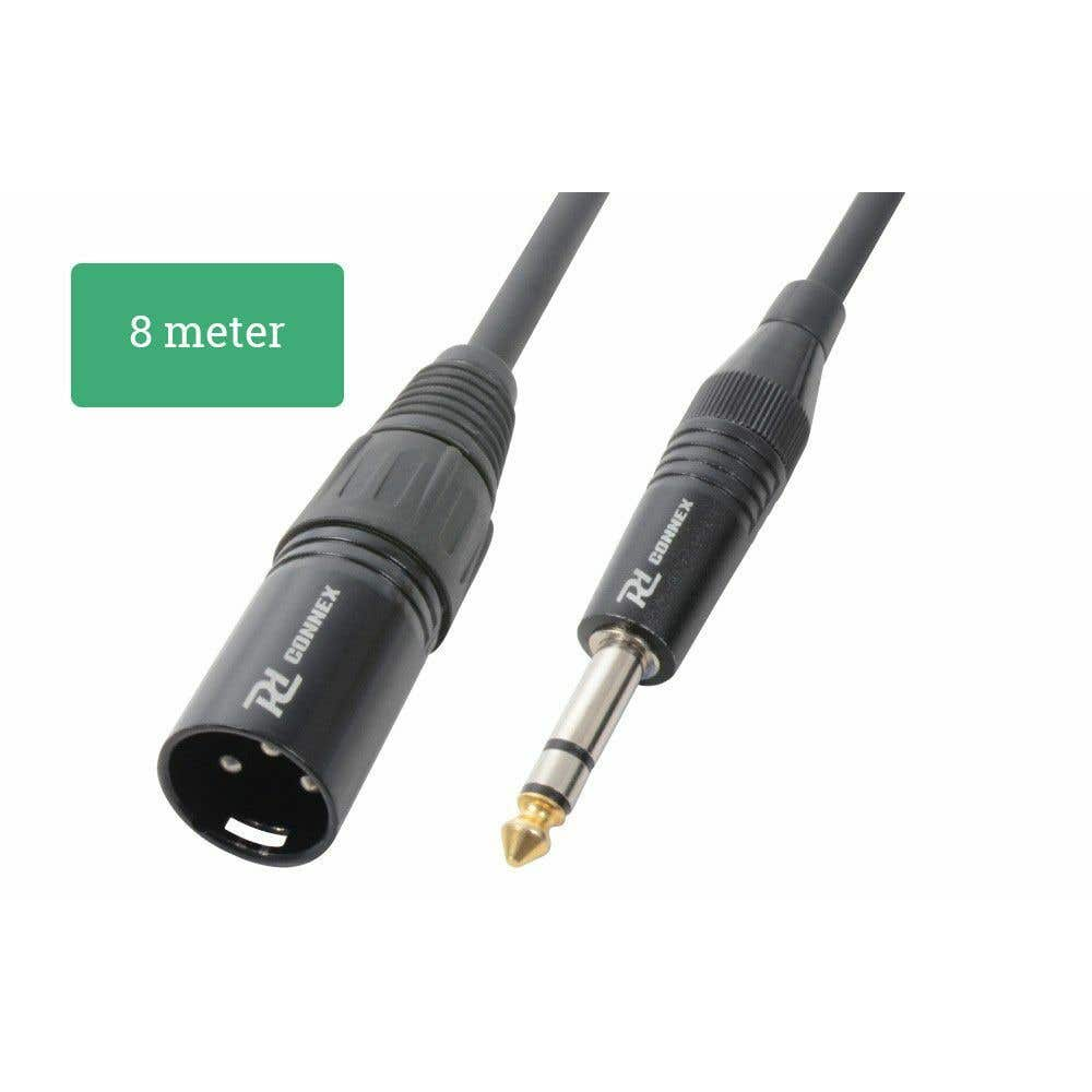 Cable de audio negro de 8 metros con dos conectores: XLR y jack, ambos etiquetados 'RL CONNEX', sobre fondo blanco.