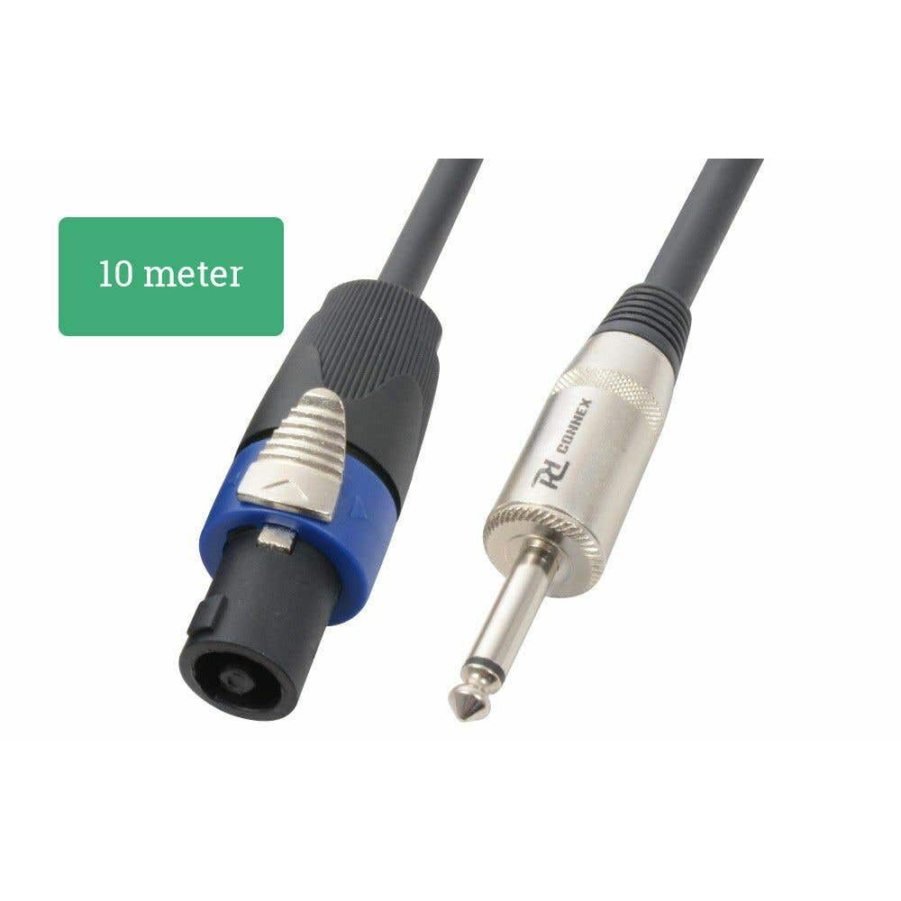 Un cable de audio negro, con un conector metálico y azul a la izquierda y un jack metálico a la derecha. Una caja verde dice 10 metros.