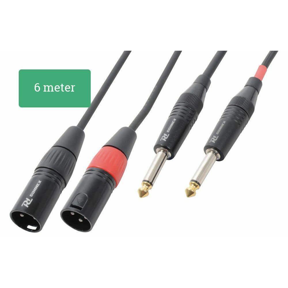 Cuatro cables de audio. Tres son de jack a XLR, uno es de XLR a XLR. Los cables son negros. La etiqueta indica 6 metros de longitud.