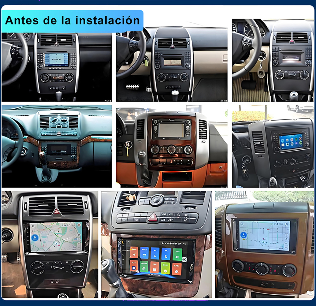La imagen muestra nueve tableros de automóviles antes de la instalación, cada uno con diferentes radios y sistemas de navegación, algunos con molduras de madera.