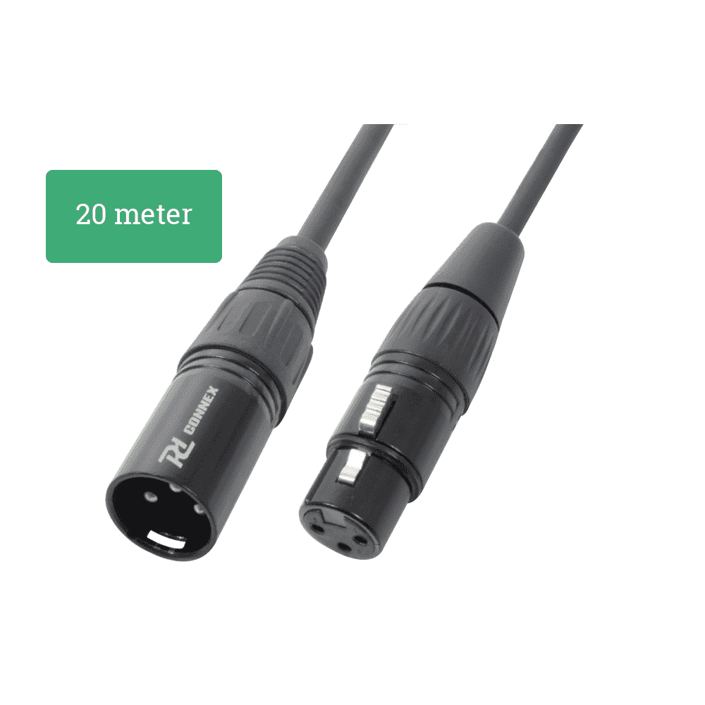 Dos conectores XLR negros conectados por un cable gris. Una caja verde indica 20 metros.