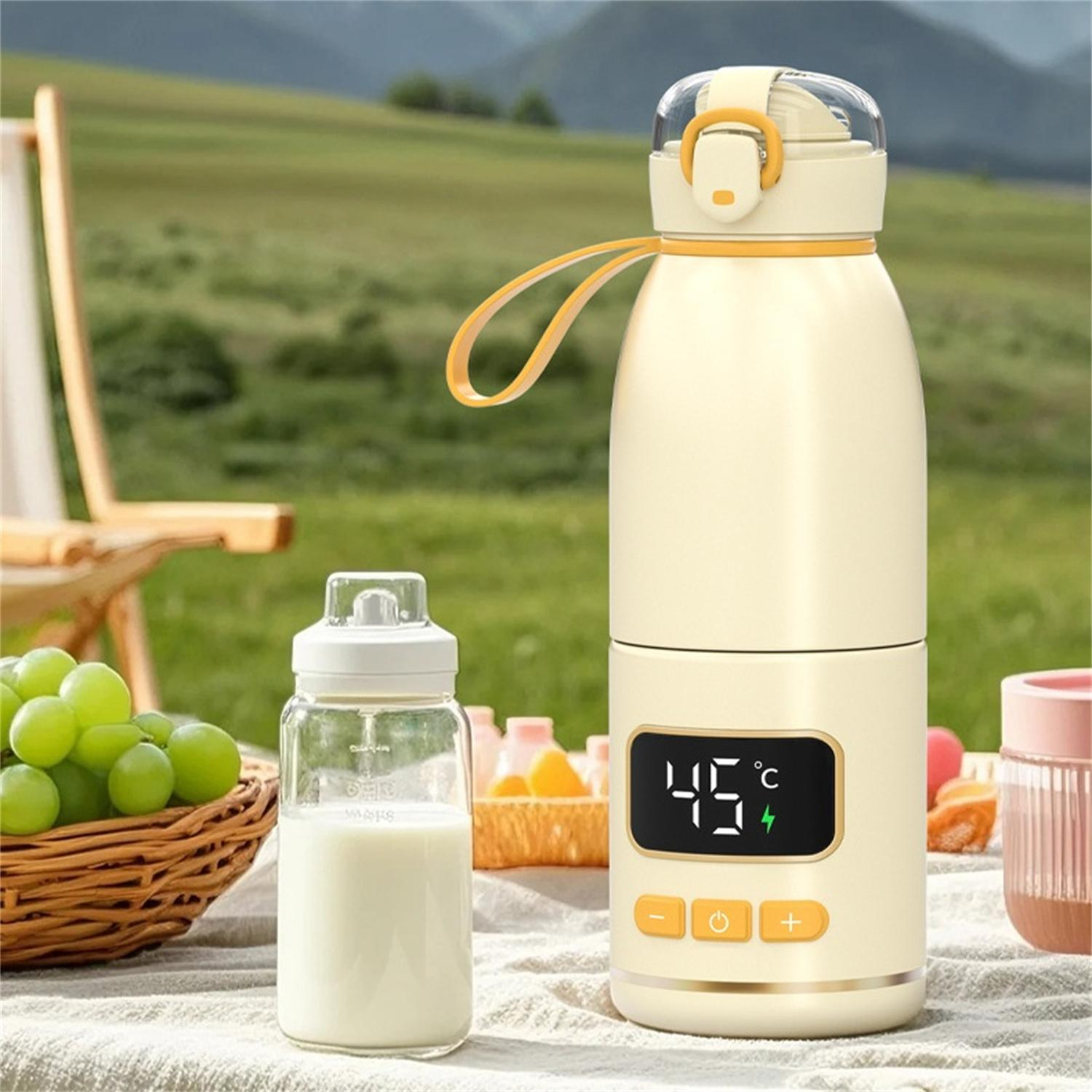 Ein tragbarer Flaschenwärmer mit Digitalanzeige (45°C), eine Milchflasche, Trauben und eine Picknick-Szene im Park.