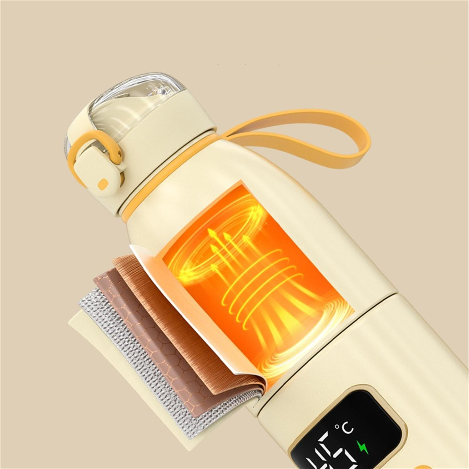 Cremefarbene Wasserflasche mit Ausschnitt, der Schichten zeigt. Oranges Heizelement leuchtet. Digitalanzeige zeigt Temperatur. Gelber Riemen.