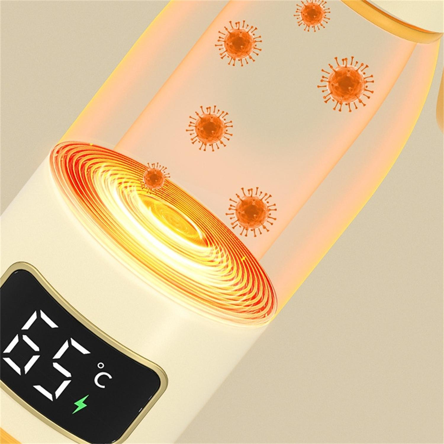 Ein weißes und goldenes Gerät zeigt 65°C an. Orange-gelbes Licht geht davon aus, mit orangefarbenen, virusartigen Formen im Hintergrund.