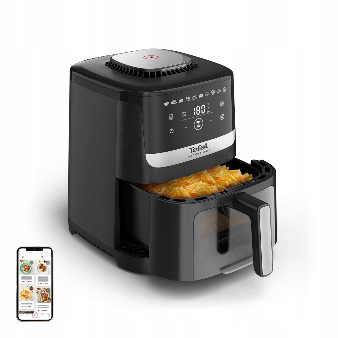 Schwarze Tefal Heißluftfritteuse mit Pommes im Korb, ein Smartphone links und eine Digitalanzeige mit 180 Grad.