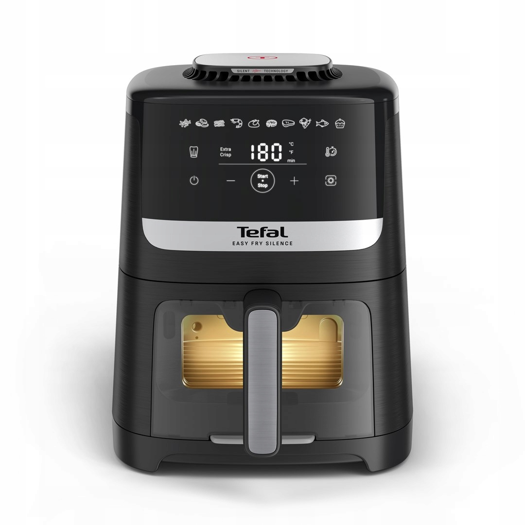 Ein schwarzer Tefal Easy Fry-Luftfritteuse. Es hat ein Digitaldisplay mit 180 Grad. Die Front hat ein Fenster und einen silbernen Griff.