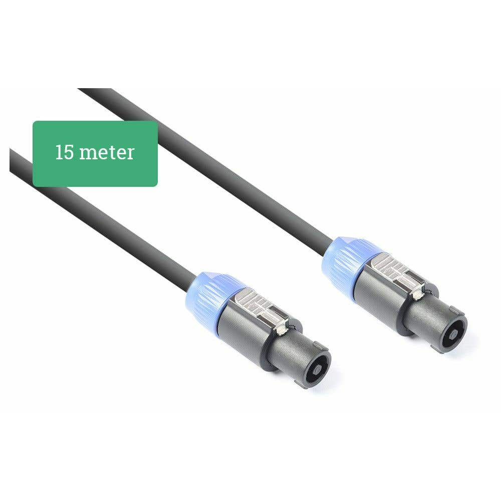 Dos cables de audio negros con conectores azules y grises. Un rectángulo verde muestra "15 metros".