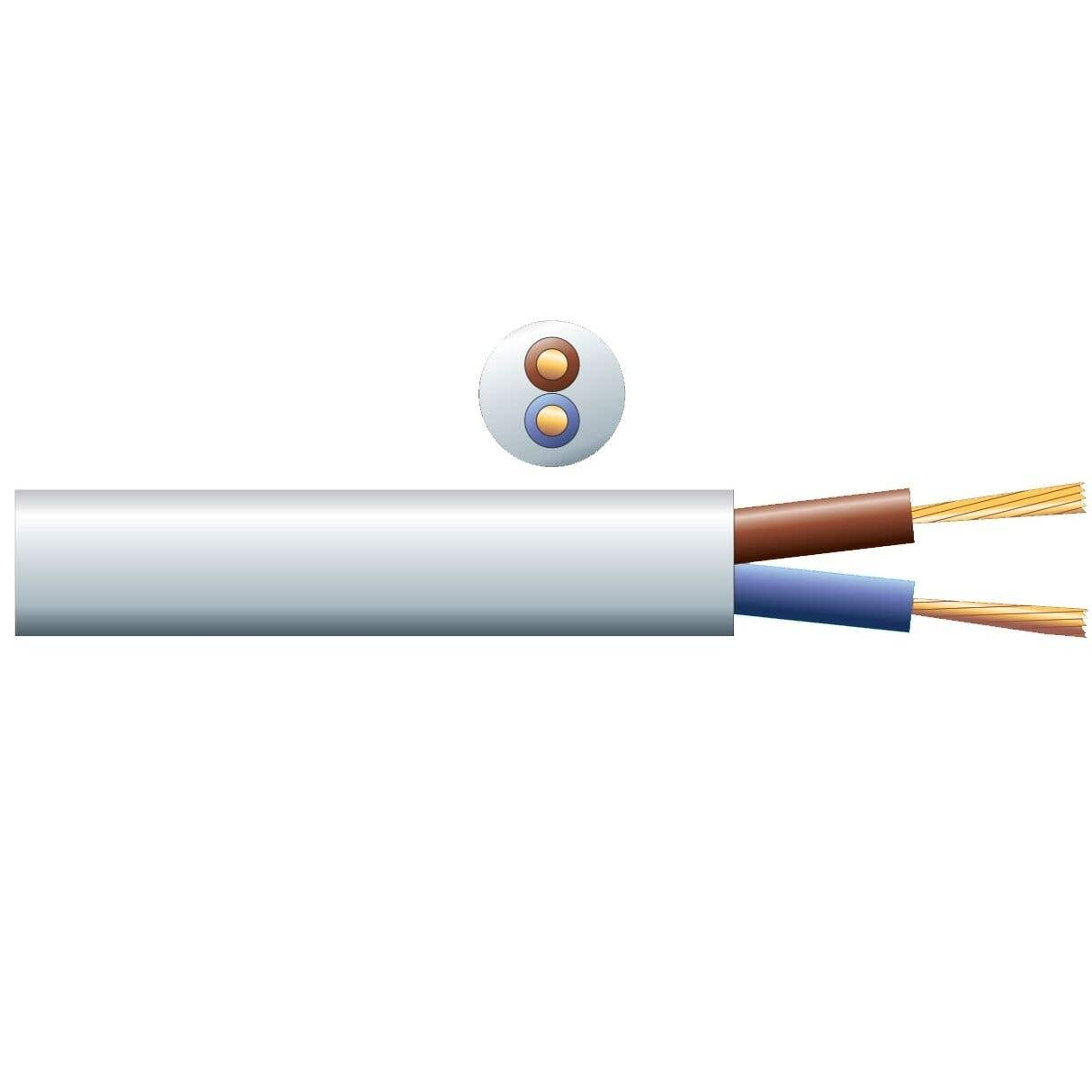 Un cable blanco con cables marrón y azul, y una sección transversal que muestra los cables internos y un fondo blanco.