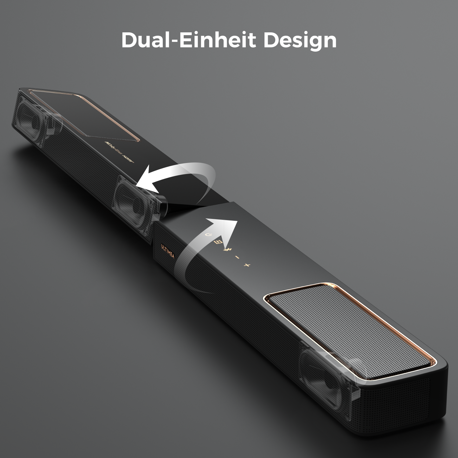 Schwarze Soundbar mit goldenen Akzenten, beschriftet mit 'ULTIMEA' und 'Dual-Einheit Design'. Pfeile zeigen ein modulares Design.