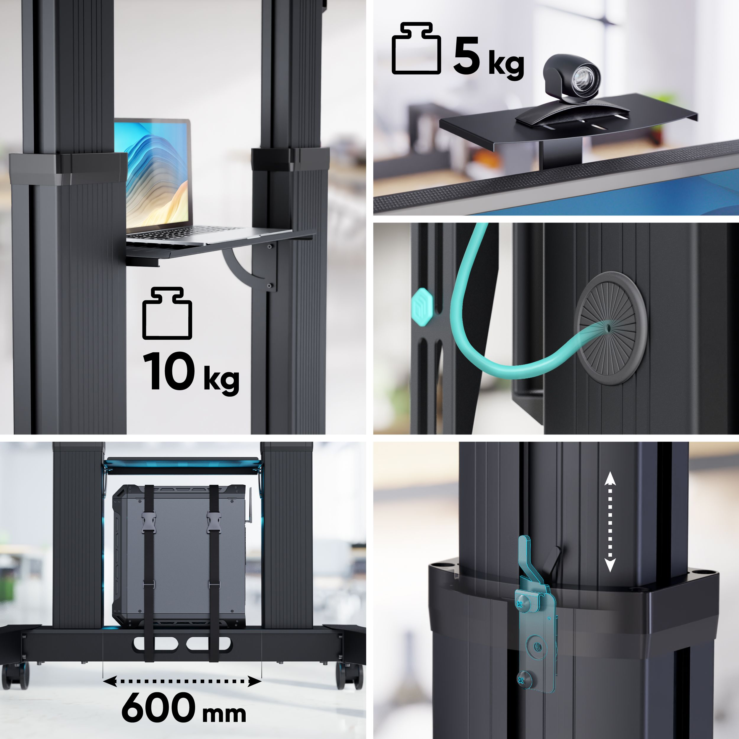 Czarny mobilny stojak z laptopem, kamerą internetową i obudową. Wskaźniki wagi: 10 kg i 5 kg. Ma 600 mm szerokości.