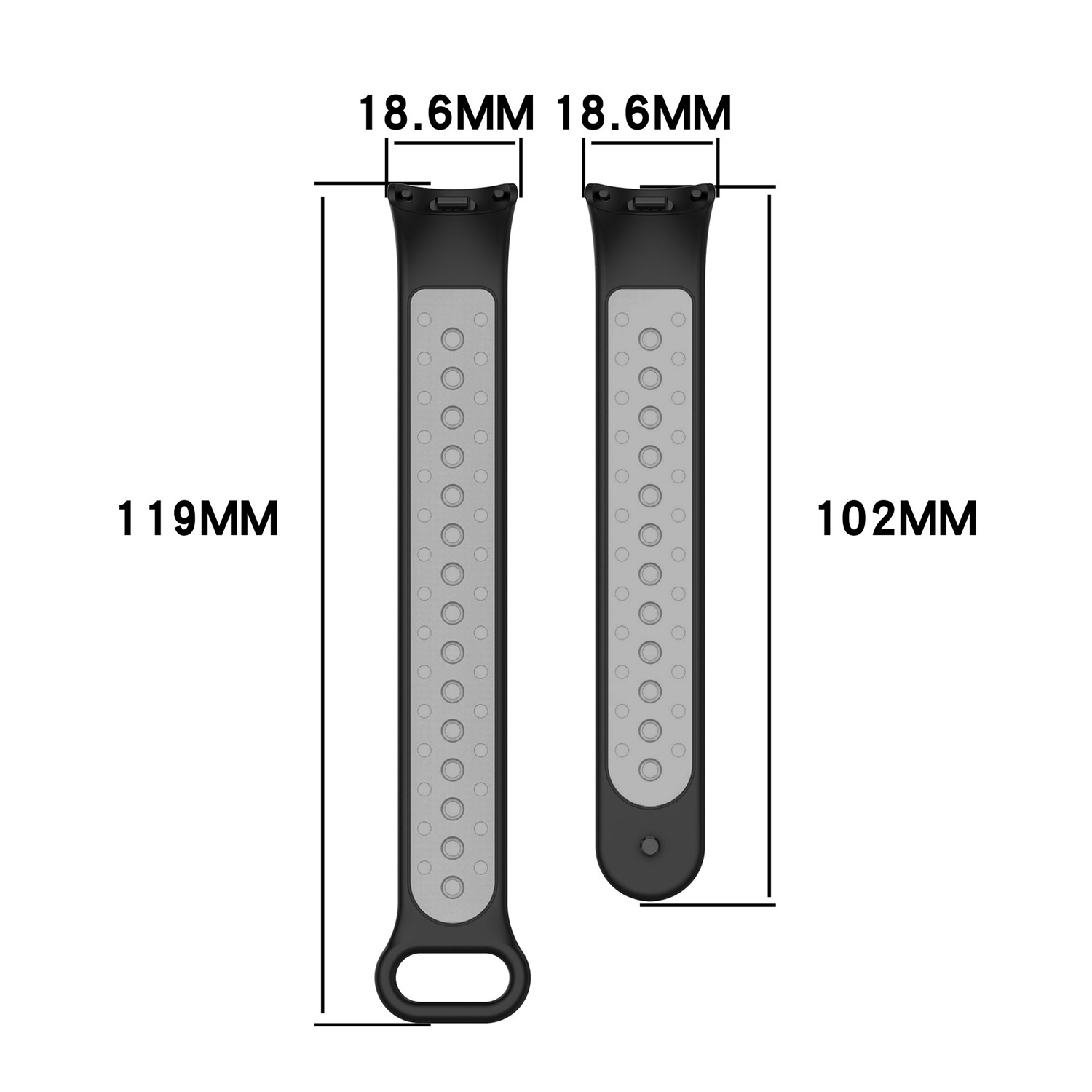 Zwei schwarze Uhrenarmbänder, eines länger als das andere, mit Maßangaben. Das längere ist 119 mm, das kürzere 102 mm.