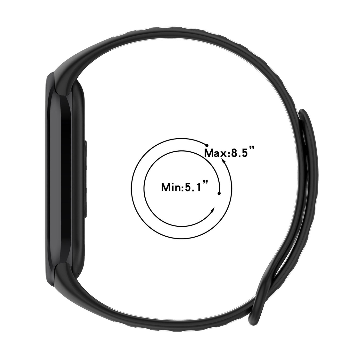 Schwarzer Fitness-Tracker auf weißem Hintergrund. Das Bild zeigt die Maße des Bandes: min 5,1", max 8,5".