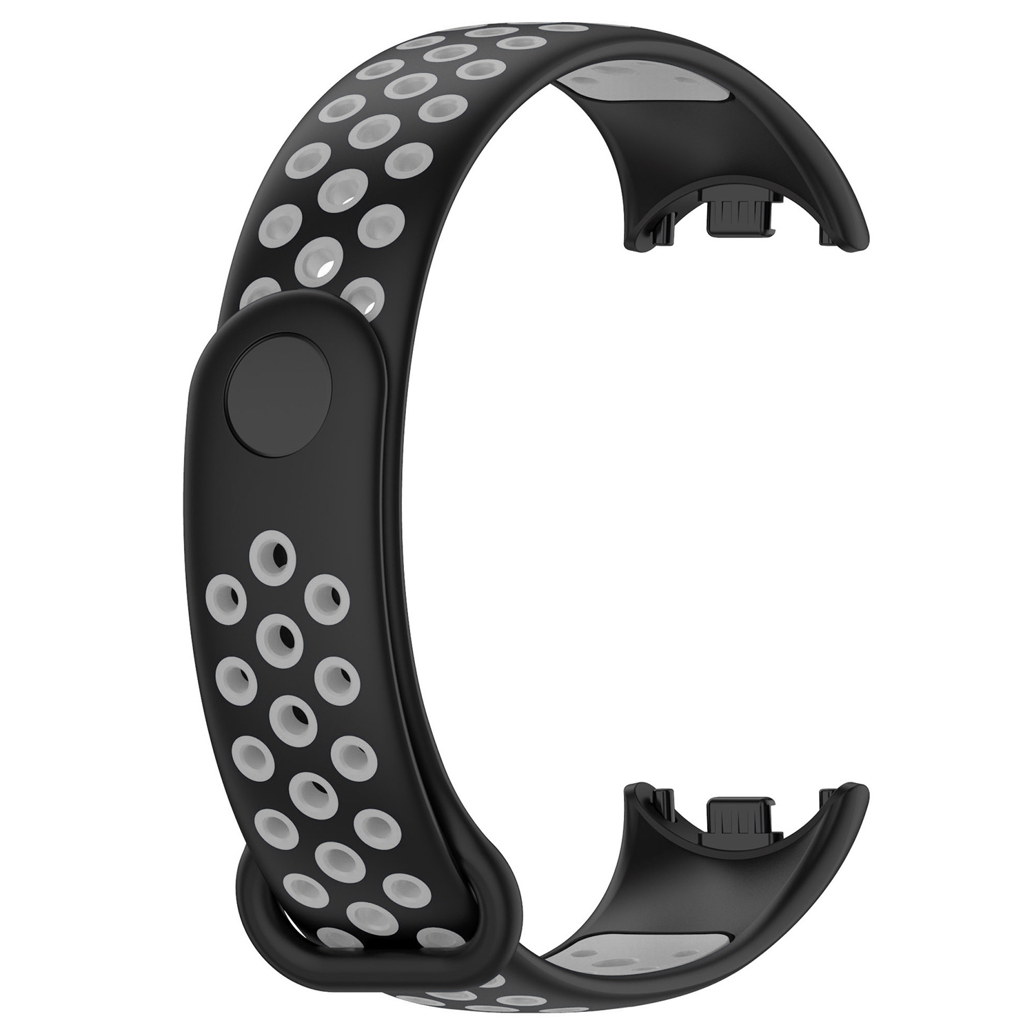 Schwarzes Smartwatch-Armband mit weißen, gepunkteten Löchern. Das Armband hat die Form eines C. Die Innenseite ist grau.