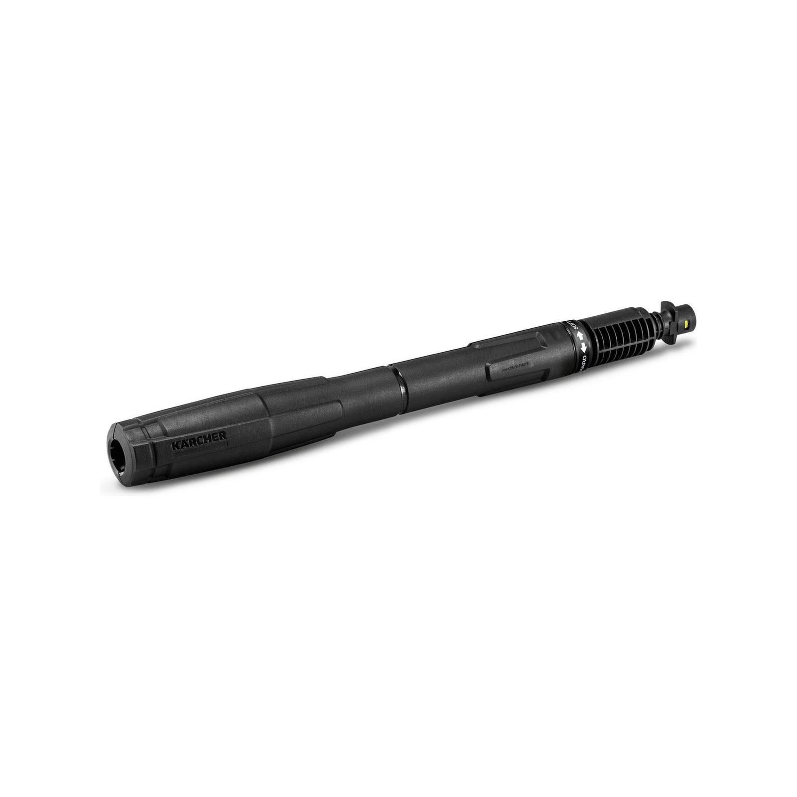 Accessorio nero per idropulitrice Karcher su sfondo bianco. L'accessorio è un'asta lunga e cilindrica.