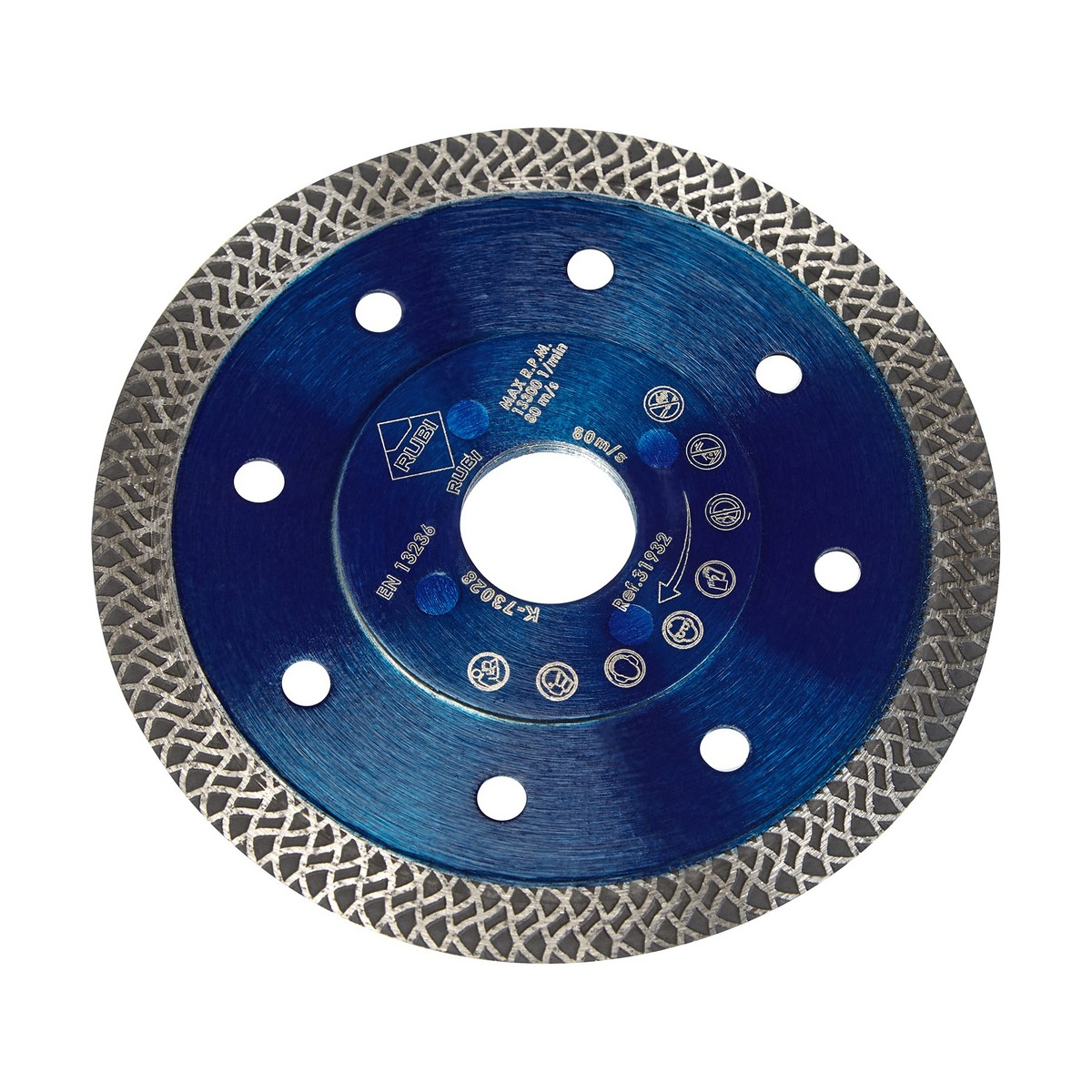 Una hoja de sierra circular con un centro azul y un borde exterior gris texturizado. Tiene agujeros blancos y texto con especificaciones.
