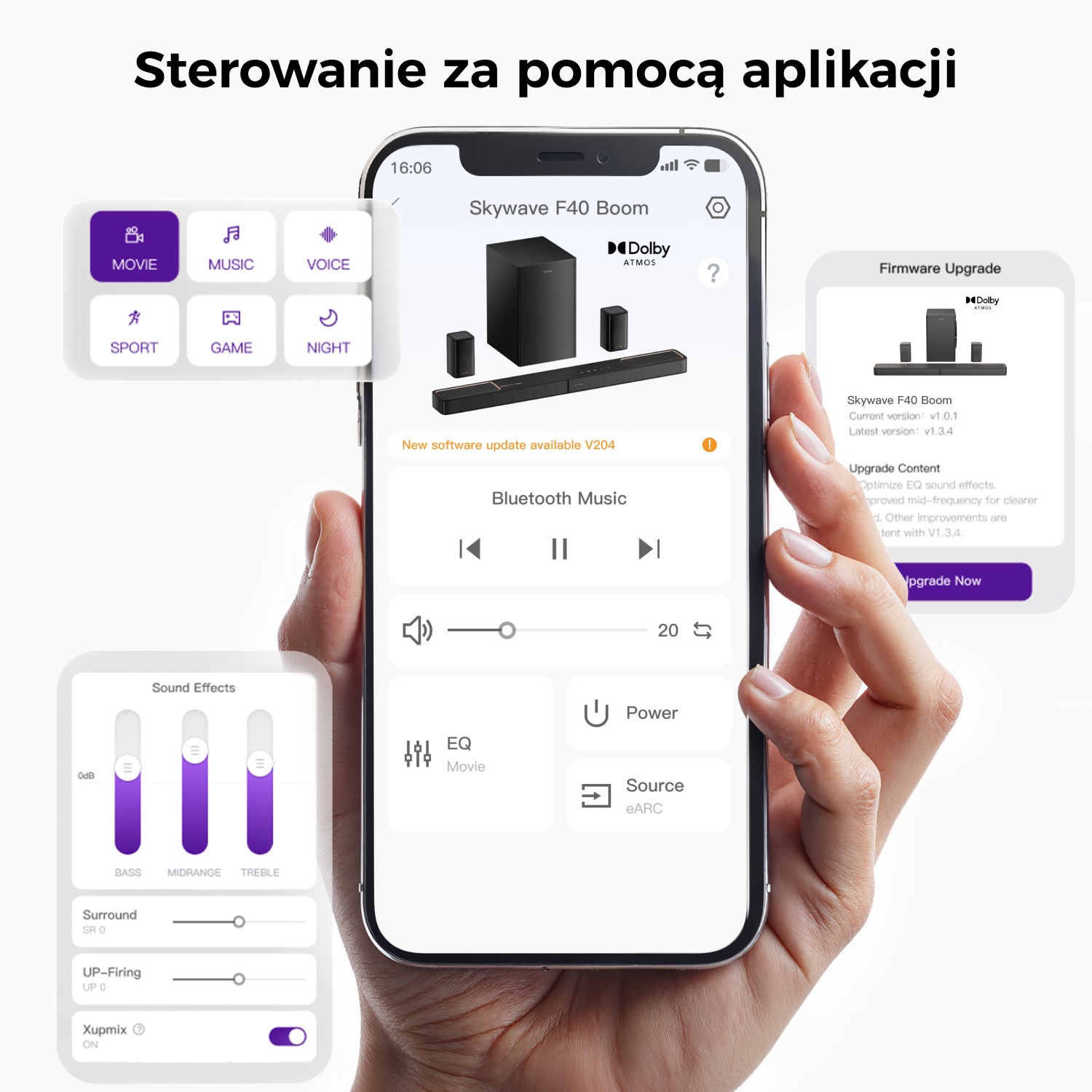 Dłoń trzymająca telefon z interfejsem aplikacji Skywave F40 Boom. Widoczne są elementy sterowania dźwiękiem, muzyką i aktualizacją systemu.