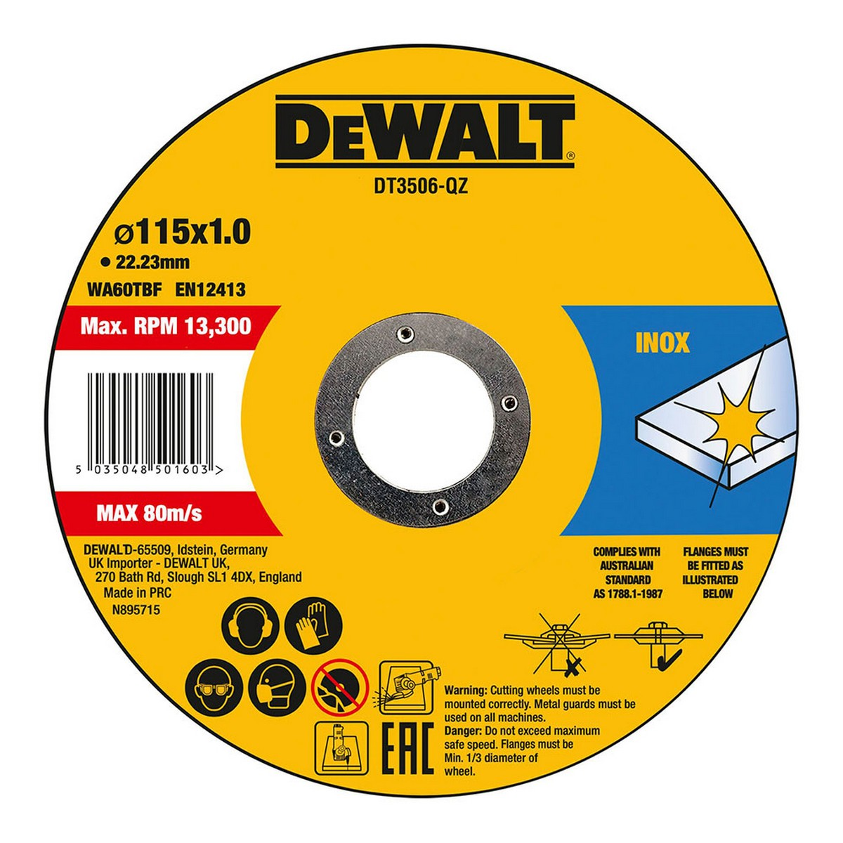 Disco de esmerilado DeWalt amarillo con texto negro. Detalles incluyen tamaño, velocidad y advertencias de seguridad.